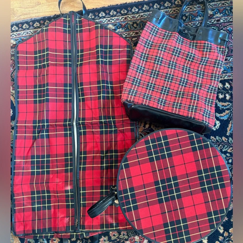 Vintage Luggage Tartan Red Plaid 3 Items. Hat Box/Zip Clothing Cover/Tall Tote